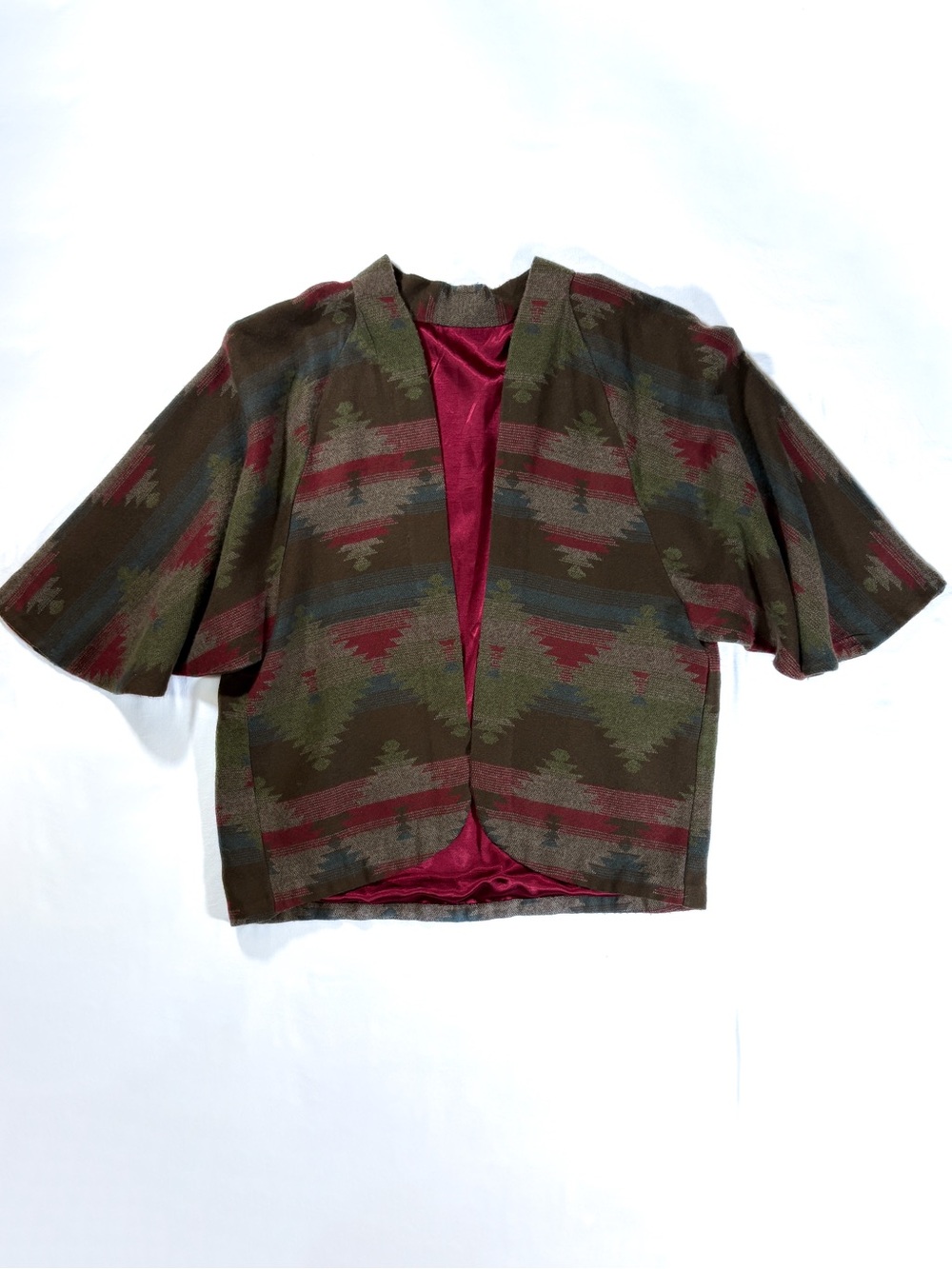 VTG Handmade Southwestern Aztec Blanket Cape Jacket Open Front Silky Lined OS